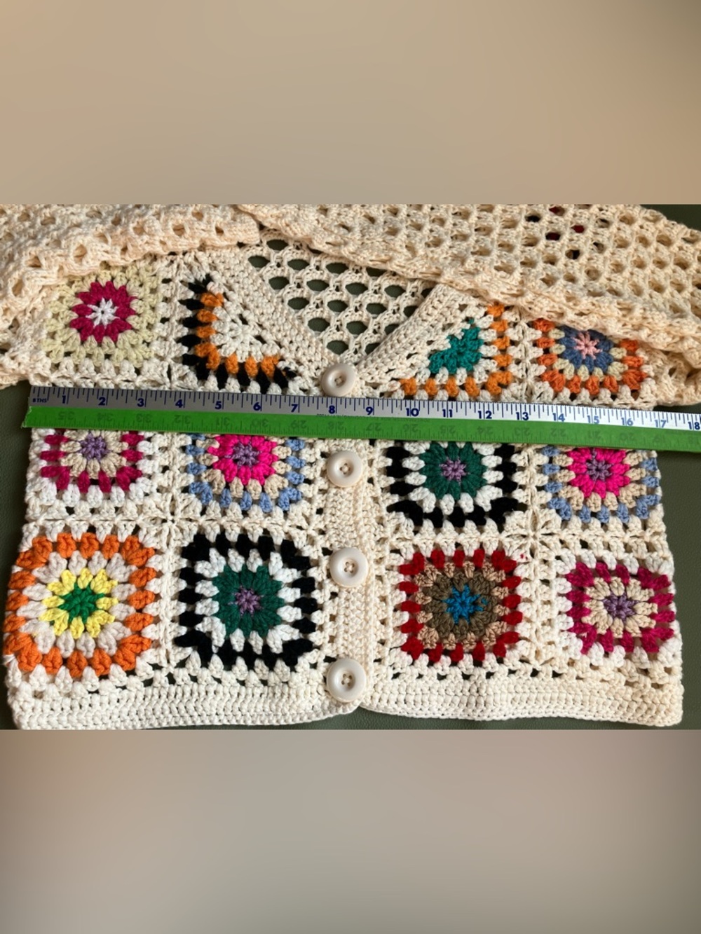 Crochet Granny Square Cropped Cardigan Rainbow Cream Women’s Sweater - Picture 8 of 9